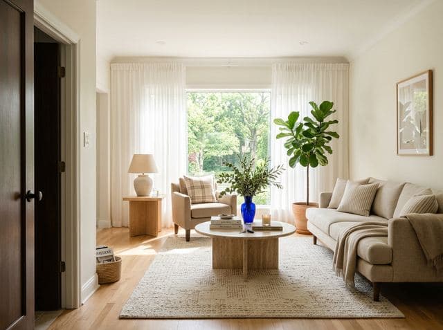 A bright living room with a cream sofa, round oak coffee table and a fiddle-leaf fig by the window