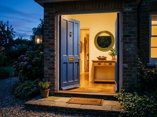 A cobalt-blue front door open at dusk onto a warmly lit hallway with a round mirror