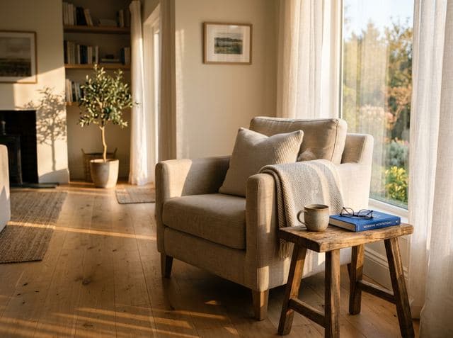 A reading corner with a linen armchair and side table in low morning sunlight