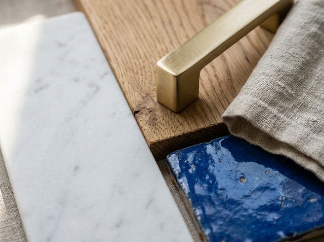 Close-up of white marble, oak, a brass handle, linen and a glossy cobalt tile