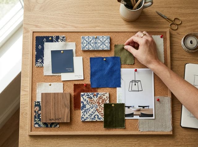 A hand pinning fabric, tile and wood swatches onto a cork mood board