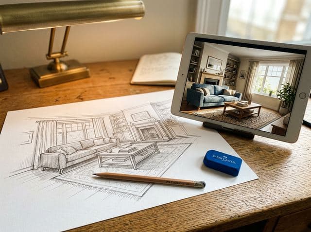 A pencil sketch of a living room beside a tablet showing the same room as a photoreal render