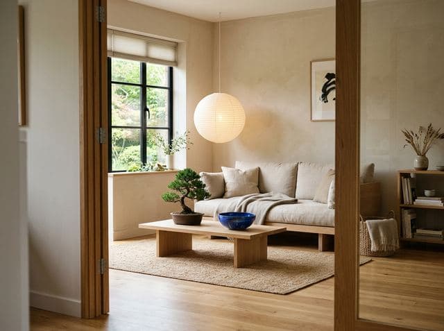 A calm Japandi-style living room with a paper pendant lamp and low wooden coffee table