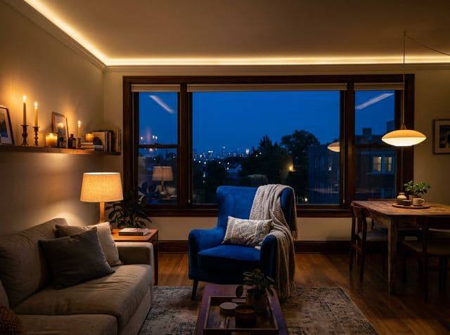 A living room at night lit by cove lighting, a table lamp and candles, with a blue armchair