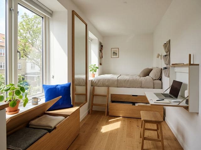 A small room with a raised bed, window seat storage and a fold-down desk