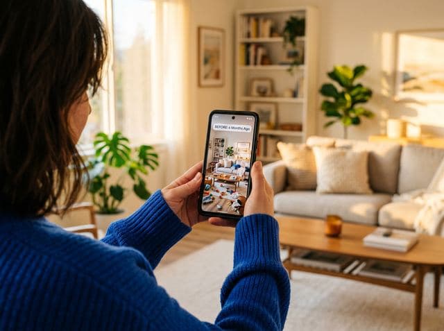 A woman in a blue sweater scrolling an interior design reel on her phone in a sunny living room