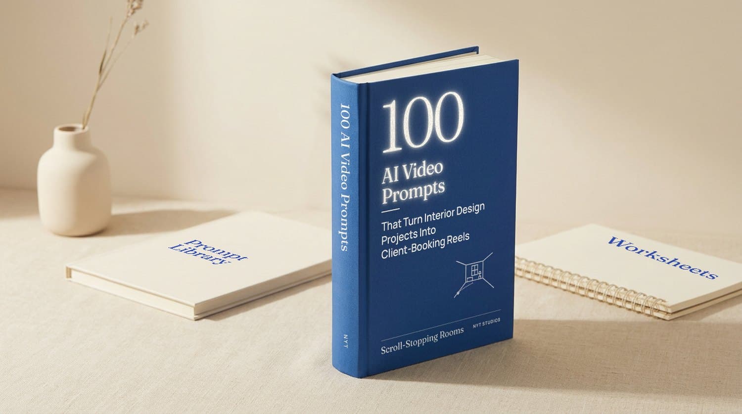 The kit: a cobalt-blue hardcover guide titled 100 AI Video Prompts, with the Prompt Library and Worksheets books beside it