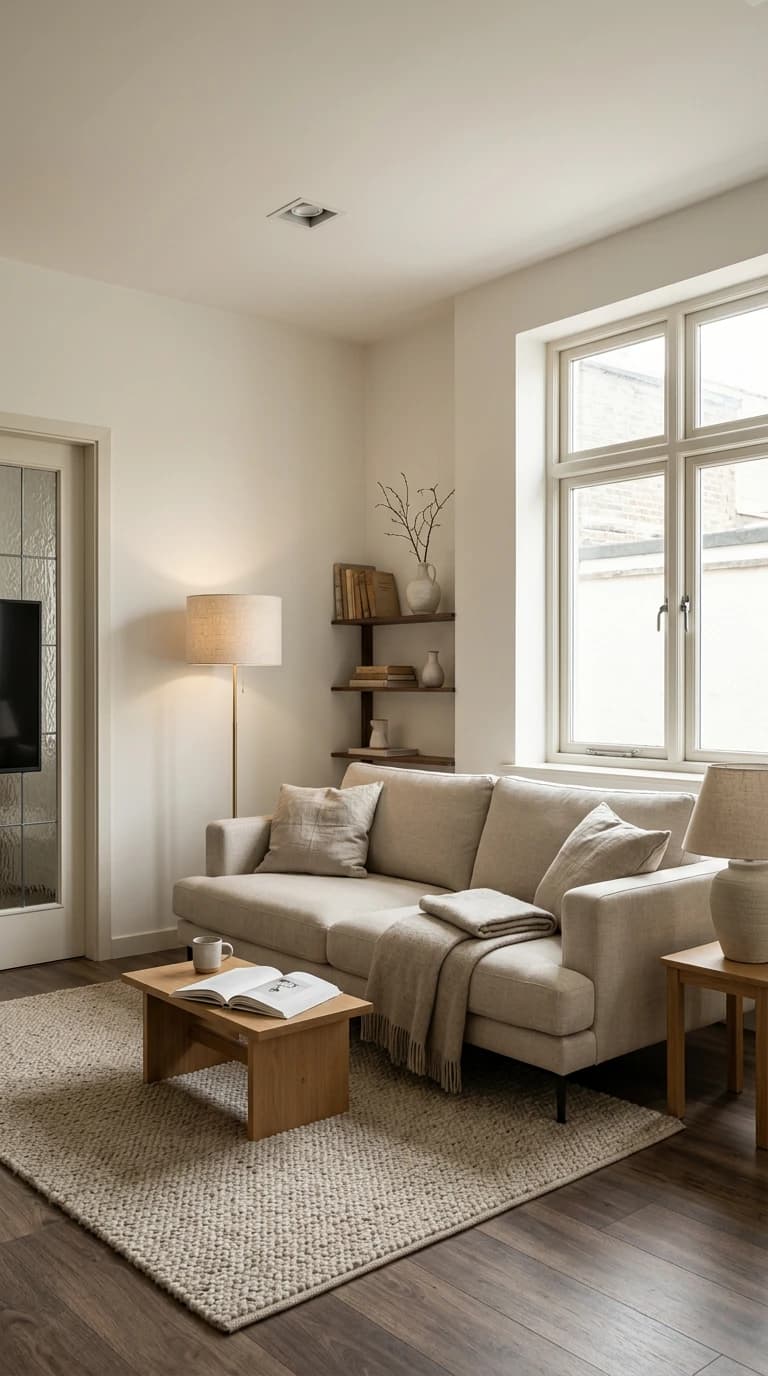 A calm living room with a linen sofa, oak coffee table, floor lamp and a tall window